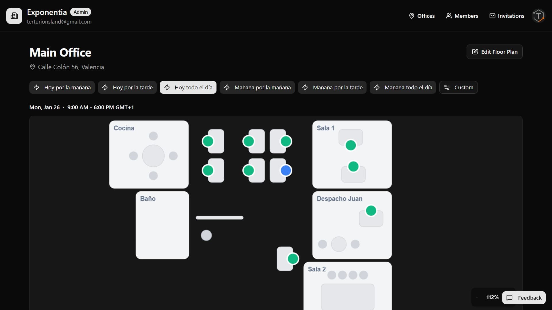 xDesky desk reservation interface showing floor plan with available and booked desks